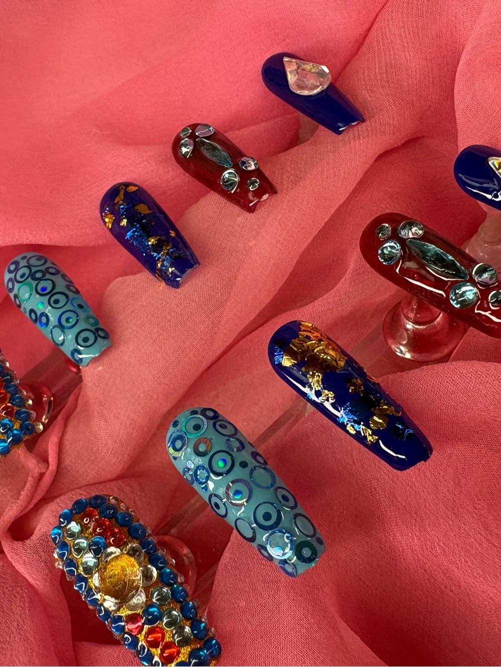 Glam Luxe Blue & Red Jeweled Press-On Nail Set
